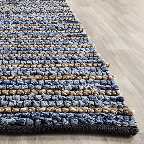 SAFAVIEH Cape Cod Collection Area Rug - 6' Square, Blue & Natural, Handmade Flat Weave Braided Jute & Cotton, Ideal for High Traffic Areas in Living Room, Bedroom (CAP363A) - size: 6' x 6' (Square)
