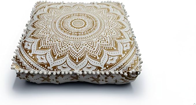 Gold Mandala Barmeri Large Floor Pillow Cover Cushion Meditation Seating Ottoman Throw Cover Hippie Decorative Zipped Bohemian Pouf Ottoman Poufs, Pom Pom Pillow Cases (White Gold, 24" Square)