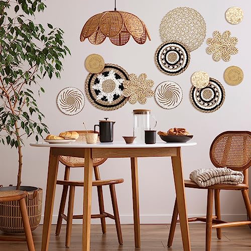 Glenmal Set of 13 Boho Wall Basket Decor Woven Rattan Flat Baskets Handmade Boho Wicker Bamboo Seagrass Wall Hanging Decor for Bedroom Living Room Dining Room Office Ready to Hang (Bohemian) - style: Bohemian