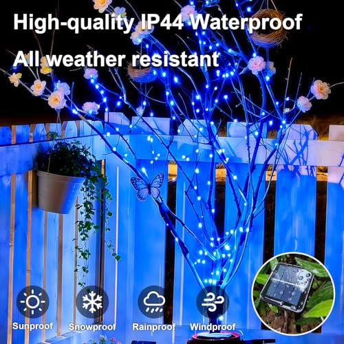QITONG Solar Fairy Lights Outdoor Waterproof, 2 Pack Each 66ft 200 LED Blue Christmas String Lights, Silver Wire Twinkle Mini Lights with 8 Modes - color: Blue
