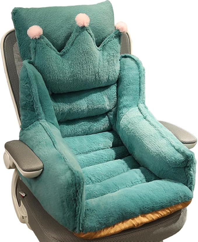 Cute Chair Cushion Plush Non-Slip Rocking Chair Pad Desk Seat Cushion Cartoon Back Waist Support for Dining Dorm Floor Car Office Patio(Green Crown)