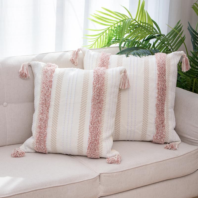 Set of 2 Boho Woven Decorative Throw Pillow Cover with Tassels 20x20 Pink - color: Pink, size: 20" x 20" (Pack of 2)