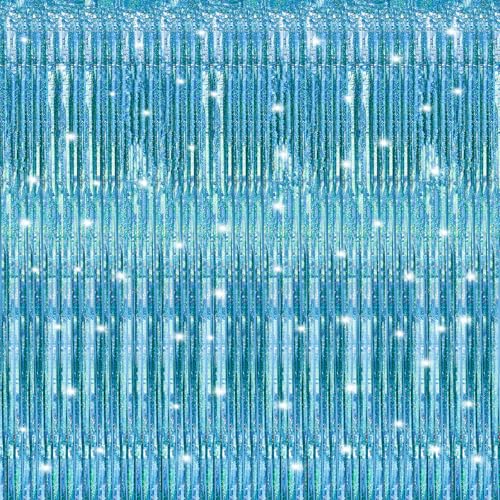 Crosize 2 Pack 3.3 x 9.9 ft Laser Blue Foil Fringe Curtains Party Decorations, Tinsel Curtain Backdrop for Parties, Door Streamers, Glitter Streamer Backdrop for Birthday Decoration - color: Laser Blue, size: 2 Pack