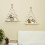 HVEST Macrame Wall Hanging Shelf Set of 2, Black Geometric Macrame Wall Art Wooden Floating Hanging Shelf Black Woven Decor Plant Hanger Handmade Woven Tapestry for Bedroom Living Room Home Decor