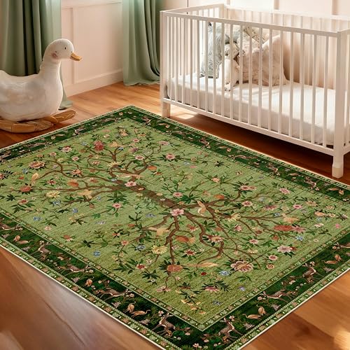Green Area Rug 3x5 Washable, Non-Slip Small Rug Carpet, Floral Boho Low Pile Soft Throw Rugs for Entryway, Bedroom, Kids Room, Dorm, Office, Nursery, Vintage Home Decor - color: Green, size: 5' x 3' (Rectangular)