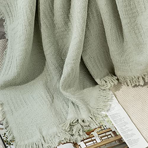 GLORY SEASON 100% Cotton Throw Blanket with Fringe Tassels Wraps Cover for Bed Couch and Living Room Sofa,Chair 50x60 Inches, Green - color: Morandi Green