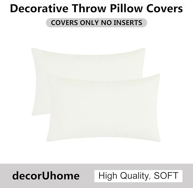 decorUhome Chenille Cream White Spring Throw Pillow Covers 12x20 Inch Set of 2, Decorative Soft Couch Pillow Covers Solid Dyed Accent Farmhouse Neutral Rectangle Pillow Cases for Sofa