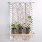 Macrame Wall Hanging Shelf, Handmade Indoor Boho Pot Basket Hanger Holder, Rope Plant Hanger for Wall Decor (White)