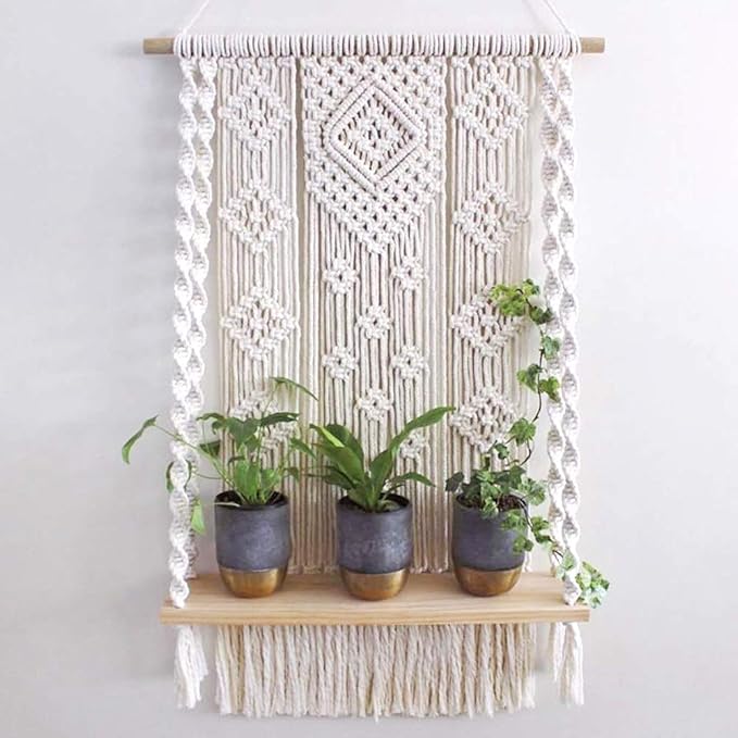 Macrame Wall Hanging Shelf, Handmade Indoor Boho Pot Basket Hanger Holder, Rope Plant Hanger for Wall Decor (White)