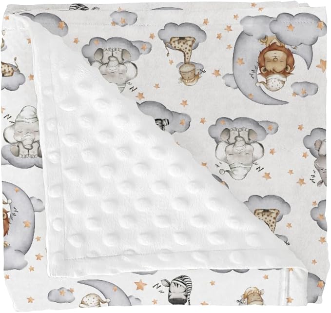 Sleepy Safari Baby Blankets for Girl Boy Lion Elephant Hippo Giraffe Moon Clouds Stars Soft Mink Dotted Backing Double Layer Swaddle Blanket African Jungle Animal Bed Throw for Newborn Toddler 30x40