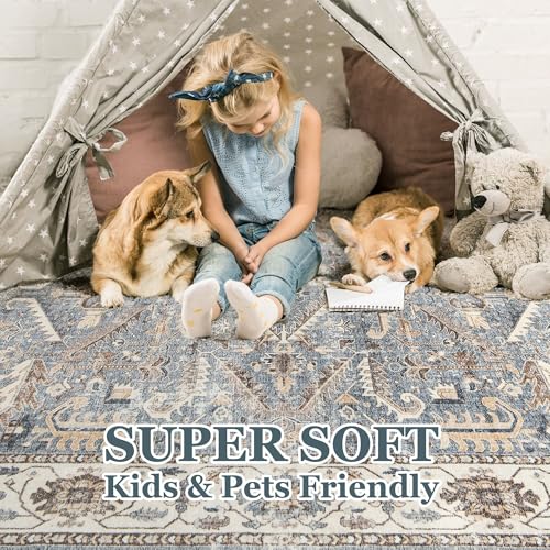 7x9 Area Rugs for Living Room - Washable Soft Large Vintage Rug Non-Slip Stain Resistant Traditional Stain Resistant Indoor Floor Low Pile Carpet for Bedroom Dining Room or Home Office - Blue - color: Blue, size: 7' x 9' (Rectangular)
