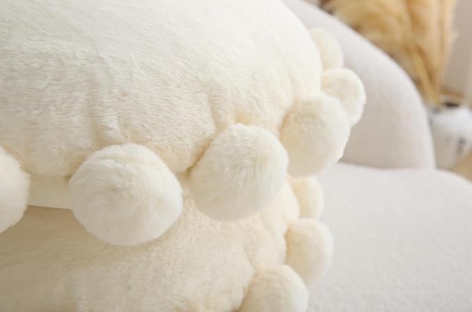 Round Pom Pom Floor Cushion–Soft Faux Rabbit Fur Floor Pillow for Adults & Kids,16" Plush Decorative Cushion Boho Throw Pillows for Living Room,Bedroom, or Bay Window–Ivory