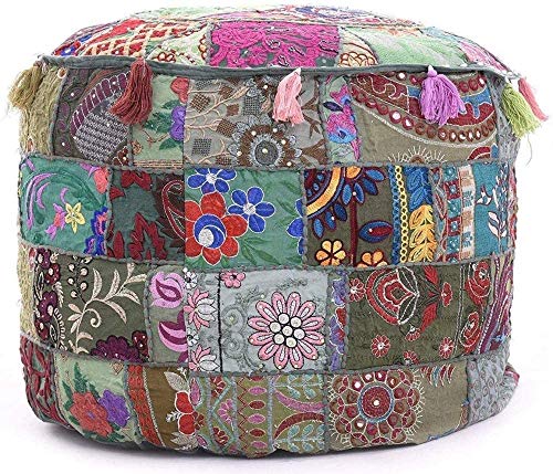 The Harry Creations Decorative Patchwork Comfortable Indian Ottoman Ethnic Cotton Cushion Bean Bag Designs Floor Embroidered Pouf Cover (Gray, 14"x22") - color: Grey, size: 14"x22"
