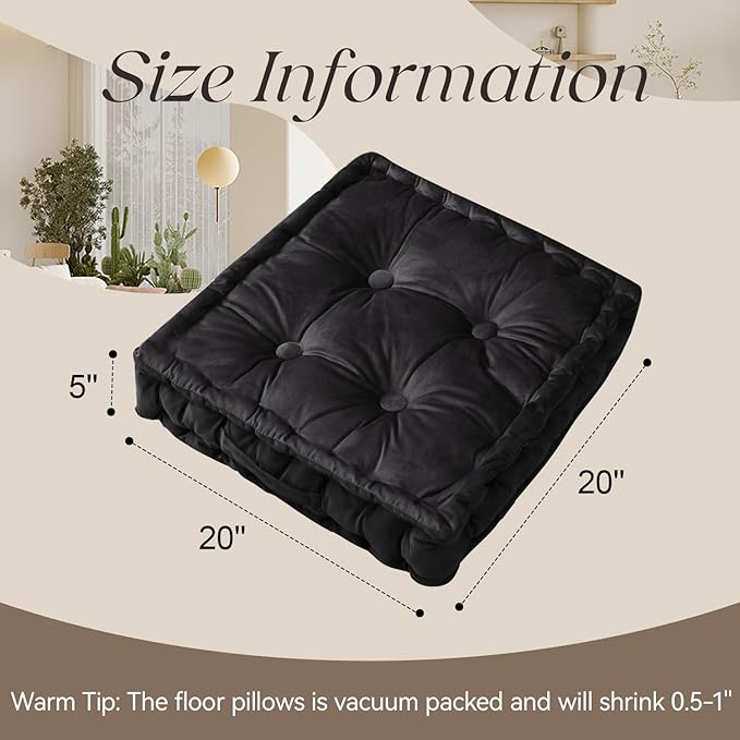 Square Floor Pillows, Large Floor Cushion for Adults Kids, Meditation Floor Pillow Seating Cushion with Shredded Memory Foam and Silk Wadding, 20"x20"x5" (Black, 2 Pack)