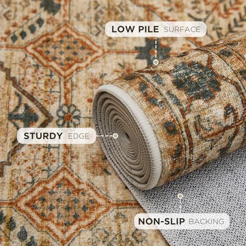 Joydeco 4x6 Area Rugs for Living Room, Non Slip Machine Washable Vintage Rug, Low Pile Chenille Print Rugs for Bedroom, Dining Room, Home Office, Pet & Child Friendly, Tan - color: Tan, size: 4' x 6' (Rectangular)