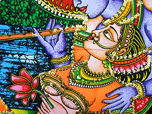 Radha Krishna Religious Cotton Batik Wall Hanging sequins Painting : Size 43"x30" Inches - color: Radha Krishna
