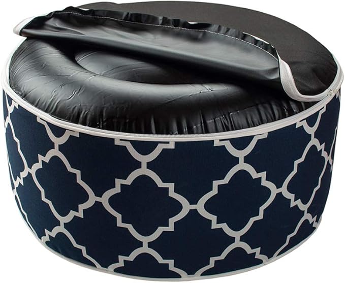 Outdoor/Indoor Inflatable Ottoman Pouf D20 xH9, All Weather Round Footstool with Foot Pump, Water Repellent Portable Footrest with Handle for Patio Garden Camping Travel-Blue Geometry