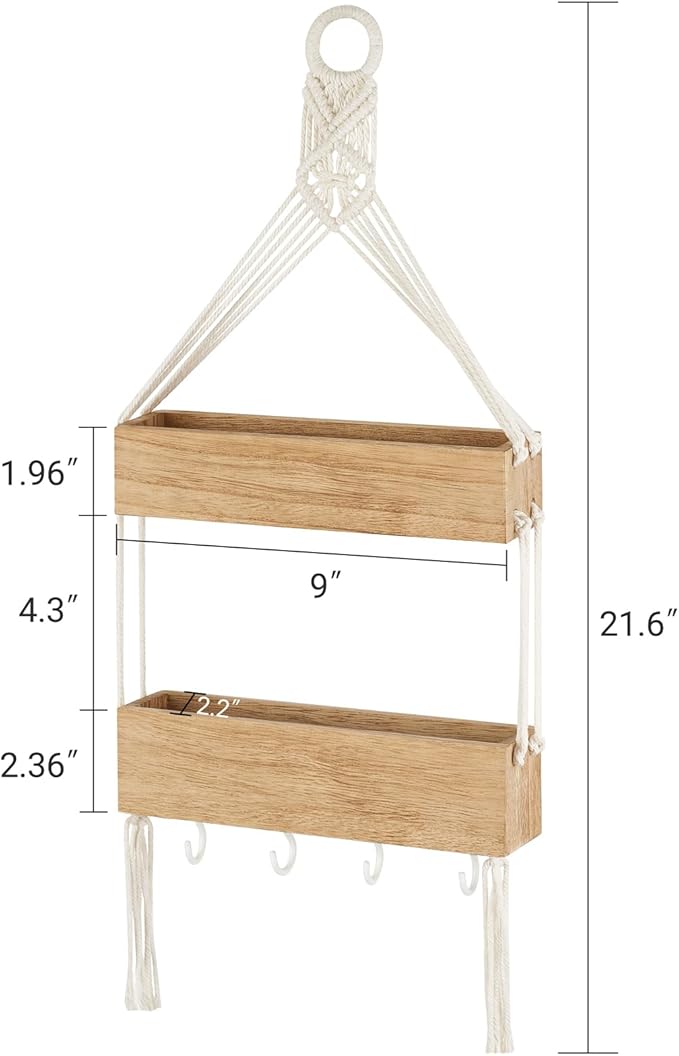 Mkono Macrame Hanging Shelf for Bedside Shelf Organizer with Hooks, Boho Wall Decor Cute Wood Floating Shelves for Girls Bedroom Dorm Nursery, Wall Storage for Phone, Remote, Earphone, Accessories