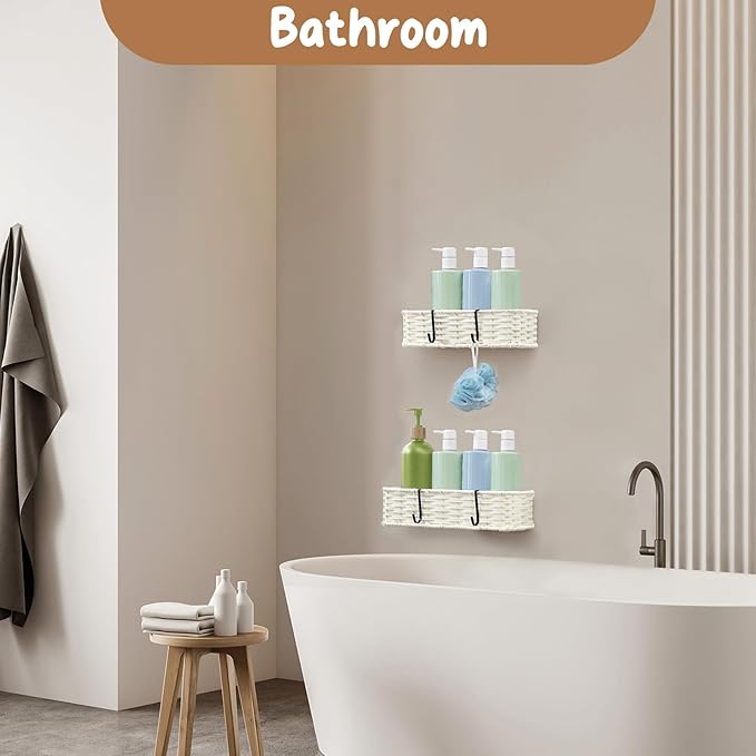 Hanging Wall Basket, Adhesive Wall-Mounted Organizer for Storage, Plastic Wicker Woven Storage Shelves for Kitchen, Bedroom, Bathroom, Livingroom, 2-Pack, Off White Color