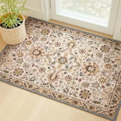 MINIDEAR 2x3 Area Rugs for Entryway Kitchen, Washable Rug Small Accent Rugs for Bedroom Non Slip Vintage Rug with Floral Print Thin Carpet Mat for Home, Daisy Brown - color: 03brown, size: 2' x 3' (Rectangular)