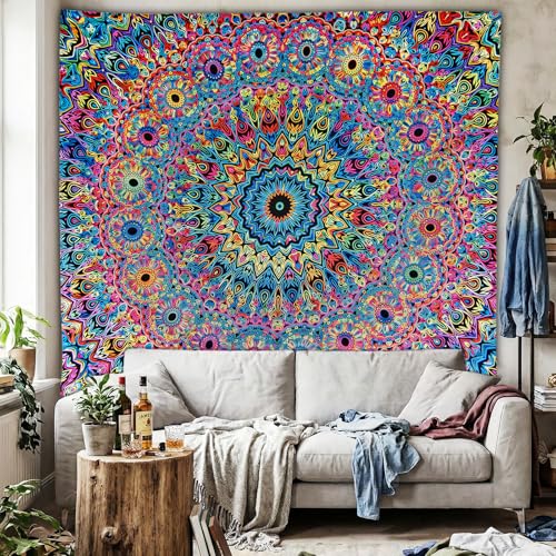 PRRPRR Blacklight Mandala Tapestry for Bedroom, UV Reactive Trippy Wal Tapestries, Bohemian Aesthetic Wall Art Decor for Adults Teens and Hippies (Mandala, 90"x70") - color: Mandala Tapestry Purple, size: 90"L x 70"W