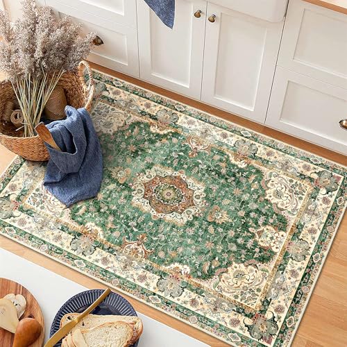 Small Rugs 2'x3',Green Rug for Entryway Bathroom Kitchen Entrance Doormat,Boho Vintage Bohemian Distressed Washable Accent Indoor Mat Floor Throw Carpet Non Slip,Retro Sage Floral - color: Green, size: 2'x3'