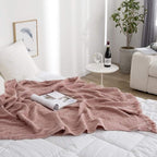 Simple&Opulence Cotton Muslin Throw Blanket for Bed, Couch, Knit Woven Gauze Blanket with Tassels, Soft Lightweight Cozy Pre-Washed Breathable Farmhouse Decoration for All-Season (Dusty Rose)