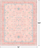 Washable Pink and Blue 8x10 Oushak Rugs for Bedroom Girls Dorm Living Room, Modern Floral Aethestic Distressed Design, Soft Faux Wool Low Pile Non Slip Stain Resistance Carpet