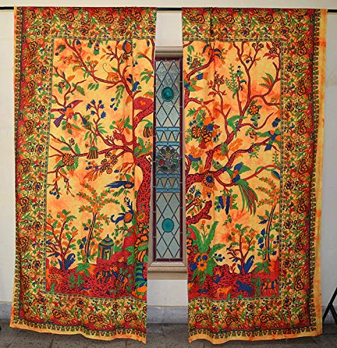 Orange Tree of Life Mandala Cotton Curtain Wall Hanging Mandala Window Door Curtains Wall Panels Hippie Boho Decor Tapestry Window Treatments Balcony Room Door Curtain - color: Orange Red, size: 52"W x 82"L (Pack of 1)