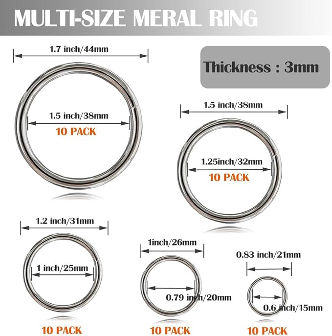 Ewparts Metal O Rings Assortment Multi Size Metal Rings for Crafts 50 Pack 3mm Thick Welded Heavy Duty Macrame O-Ring for Sewing,Dog Leash,Dog Collor,Macrame Plant Hanger,Crafting,Jewellry Making