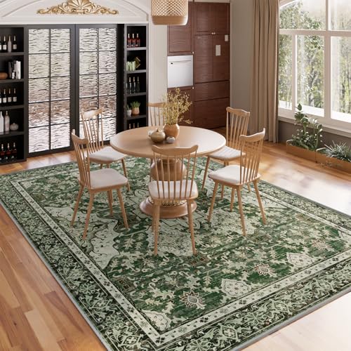 AMTOVO Area Rugs 5'x7' Washable Non-Slip, Vintage Boho Distressed Print Pattern Rugs for Living Room, Soft Low Pile Carpet for Bedroom Indoor Playroom Nursery Farmhouse Girls Room, Dark Green - color: Dark Green, size: 5' x 7' (Rectangular)