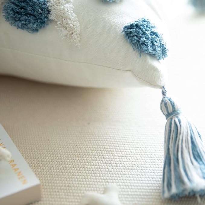 Set of 2 Cotton Woven Boho Throw Pillow Covers, Tufted Decorative Square Pillowcases Covers with Tassels for Couch Sofa Bed, Living Room Sofa, Farmhouse, 20x20 Inch Blue(2 pcs)