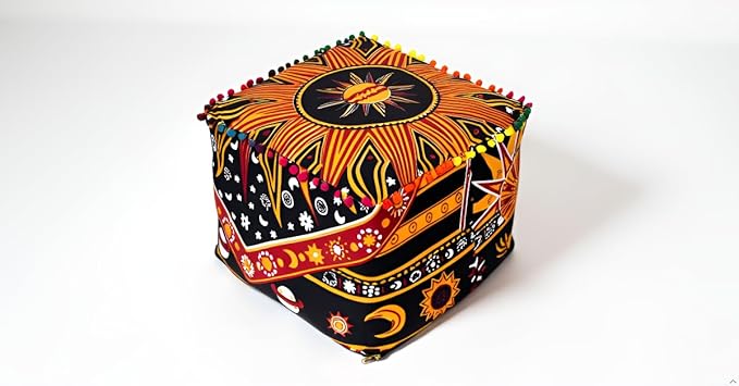 CRAFT KALA Square Mandala Floor Pillow Cushion Cover Seating Throw Cover Hippie Decorative Bohemian Ottoman Poufs Cover Pillow Cases Cotton Living Room Home Décor 18X18X14 inches, Orange Burning Sun