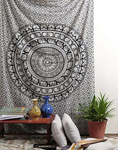 RAJRANG Indian Mandala Tapestry Wall Hanging Black and White Elephant Hippy Tapestries Twin Hippie Beach Throw College Dorm Decor Bohemian Boho Bedsheet - 84x54 Inches - color: Black & White, size: 84"L x 54"W