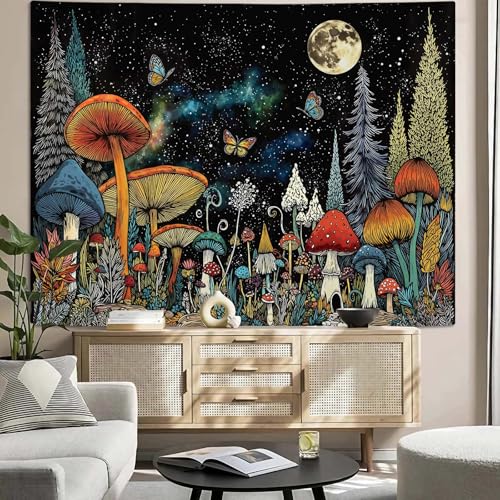 Accnicc Hippie Mushroom Forest Tapestry Fantasy Starry Night Moon Pine Tree Wall Tapestry for Bedroom Aesthetic Butterfly Small Tapestries Wall Hanging for Dorm Living Room Decor 48 × 36 Inch - color: Black Cyan, size: 48"L x 36"W