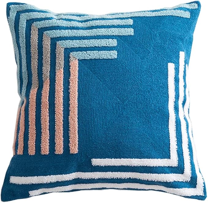Boho Abstract Tufted Throw Pillow Cover Geometric Embroidered Decorative Pillowcase Farmhouse Cotton Square Accent Cushion Cover for Sofa Couch Bedroom (Type D,18"x18")
