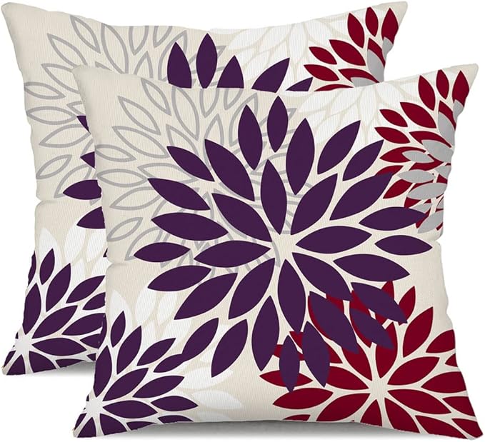 DFXSZ Purple Wine Red Flower Pillow Covers 18x18 Inch Set of 2 Outdoor Throw Pillows Outdoor Waterproof Decor for Living Room Sofa Patio Funiture Garden Floral Polyester Pillow Covers 002T18