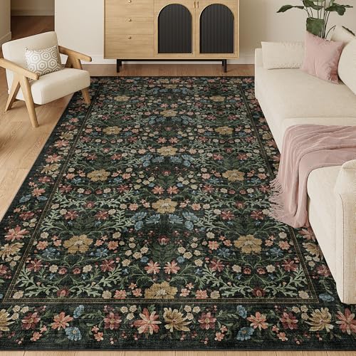 DUKINO 5x8 Area Rug for Bedroom, Vintage Non Slip Floral Washable Rug with Low Pile Design, Stain Resistant & Lightweight Floor Capet for Living Room, Kids Playroom, Home Office, Nursery, Black - color: Black, size: 5' x 8' (Rectangular)