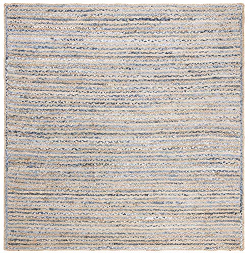 SAFAVIEH Cape Cod Collection Area Rug - 6' Square, Natural & Blue, Handmade Flat Weave Jute, Ideal for High Traffic Areas in Living Room, Bedroom (CAP250A) - size: 6' x 6' (Square)