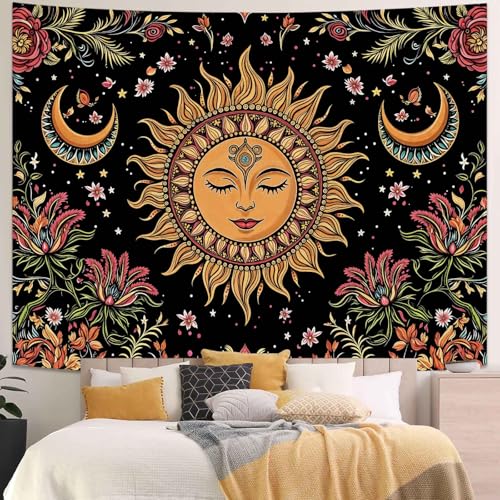 Kanuyee Bohemian Sun and Moon Tapestry, Floral Celestial Wall Tapestry, Mystical Sun Face Tapestries for Room Decor, Artistic Tapestry 80"x60" - color: Orange Pink, size: 80"L x 60"W