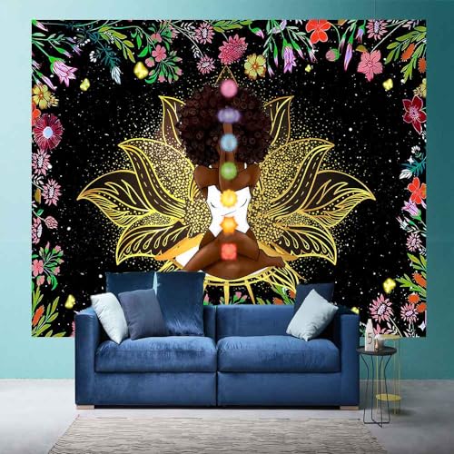Ine Ive African Chakra Tapestry African American Woman Zen Meditation Tapestries100x90 Inch Starry Sky Flower Garden Inspirational Afro Yoga Wall Art for Bedroom Dorm Decor - size: 100"L x 90"W
