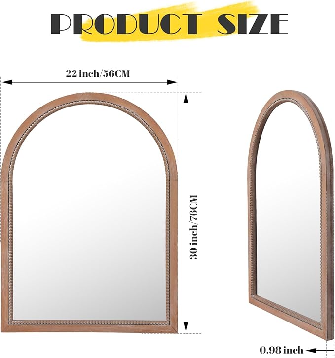 Arch Wood Mirror,22x30 inch Arched Rustic Farmhouse Natural Wooden Frame Boho Beads Wall Mirror for Bathroom,Living Room,Bedroom or Entryway