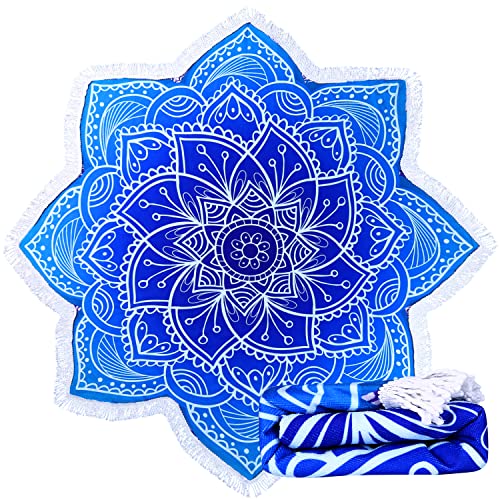 Large Microfiber Boho Mandala Beach Towel Round Bohemian Beach Blanket Hippie Indian Throw Blanket Beach Tapestry Sand Free Quick Dry Yoga Picnic Mat Wall Decor Circle Tablecloth Tassels,59'',Blue - color: Blue Mandala