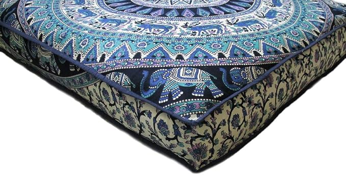 CRAFT KALA Mandala Floor Pillow Cushion Cover Seating Throw Cover Hippie Decorative Bohemian Ottoman Poufs Pillow Cases Boho Indian Cotton Living Room Yoga Home Décor 35" Square, Green Deer Elephant