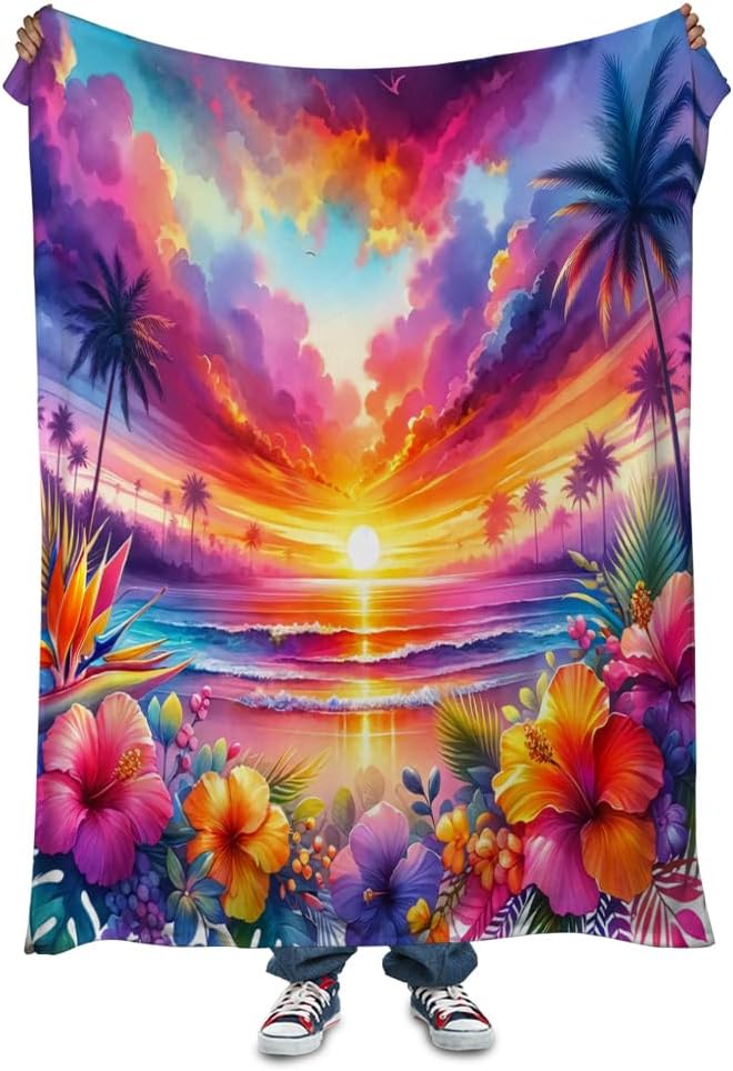 Beach Sunset Landscape Palm Tree Blanket Gifts for Women Girls Adults Kids Soft Warm Lightweight Cozy Tropical Sunset Beach Ocean Throw Blankets for Bed Sofa Couch Living Room Decor 70"X80"