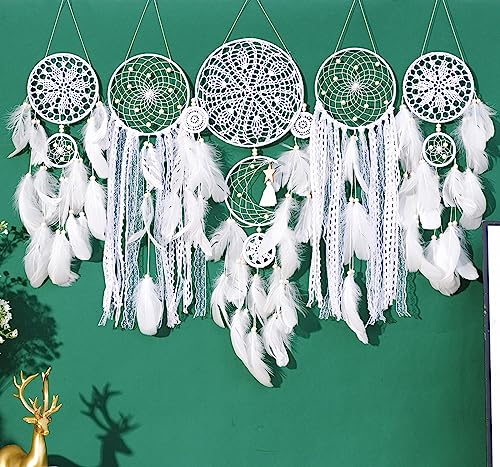 Dream Catchers Boho Wall Decor - Handmade Moon and Sun Feather Dreamcatcher Set, Traditional Native American Wall Hanging for Kids Bedroom, Adult Living Room, Home Bohemian Decor (White, 5 pcs) - color: White