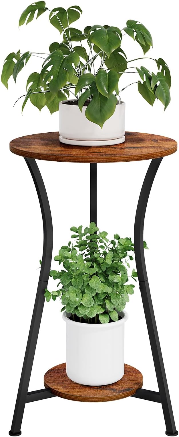 YINMIT Plant Stand Indoor, Plant Shelf Holder, Wood Corner Plant Stand, Metal Flower Stand for Indoor Plants, Small Round Side End Table for Living Room Balcony Garden (Retro, 2 Tier)