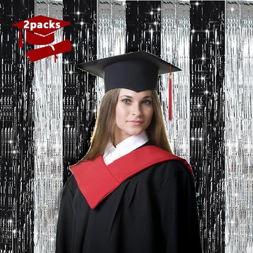 TONIFUL Silver Black Door Streamers,Silver and Black Photo Booth Backdrop Metallic Streamers Foil Fringe Curtain for Birthday,New Year,Graduation,Grad,Bachelorette Party Streamers Decoration - color: Black Silver Gold