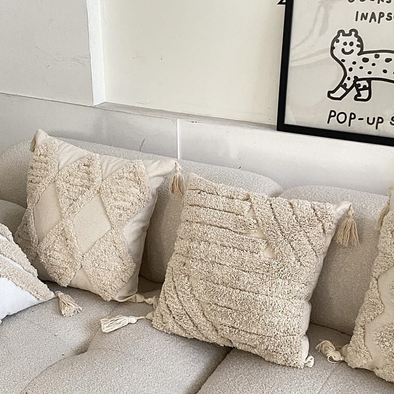 Ethnic Retro Style Tassel Sofa Bedside Cushion Cover Office Lumbar Pillow Tufted Pillow Cover Moroccan Cushion Cover (Geometric Rhombus), Beige
