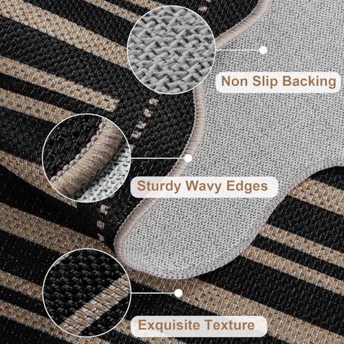 Striped Easy Jute Entryway Rug, 2x3 Black Indoor Outdoor Doormat, Washable Small Kitchen Rug Non Slip Farmhouse Scalloped Rugs for Front Door Entrance Bathroom - color: Black Striped, size: 2'x3' (Rectangular)